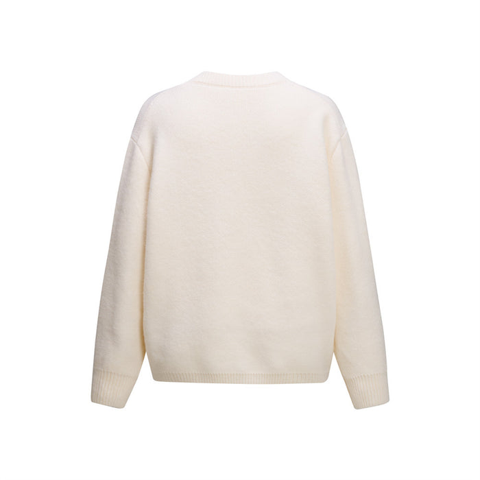 Ivory knit cardigan shown from the back with a plain design, crewneck, long sleeves, and ribbed hem