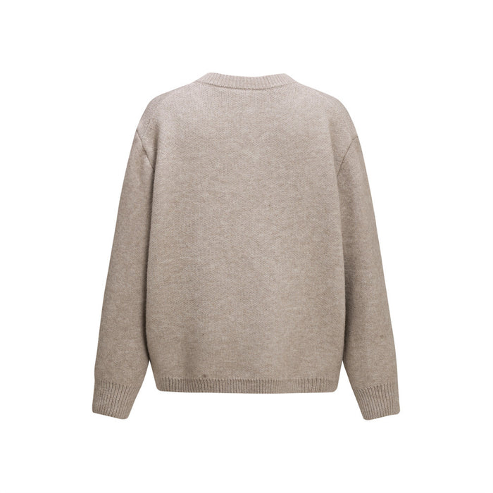 Beige knit cardigan shown from the back with a plain textured surface and ribbed hem and cuffs