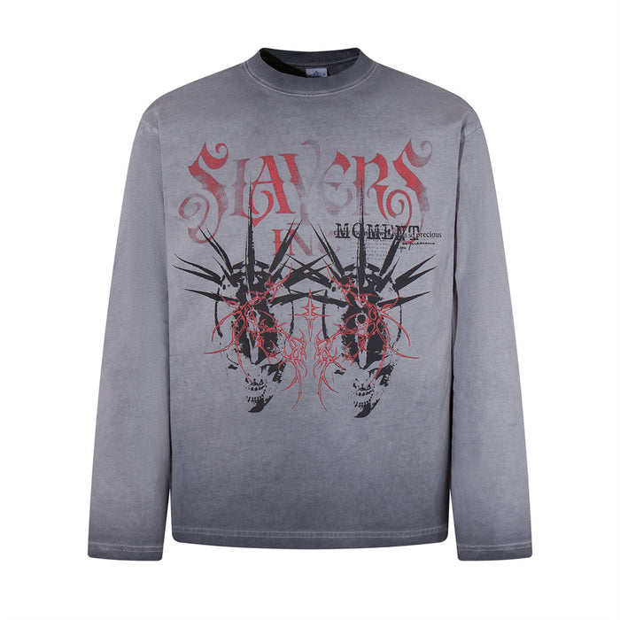 Men's oversized washed grey long sleeve shirt with dark skull and red tribal graphic print on the front