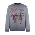 Men's oversized washed grey long sleeve shirt with dark skull and red tribal graphic print on the front