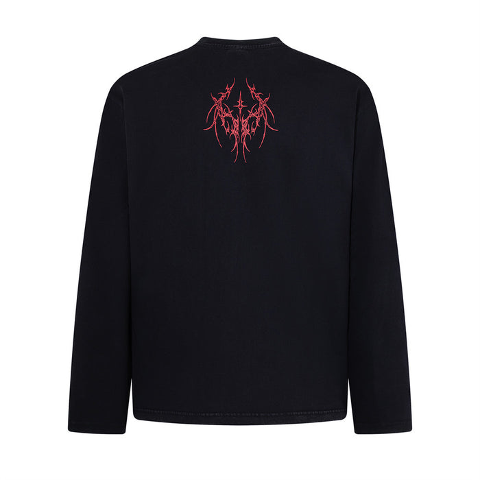 Black long sleeve shirt shown from the back with a small red abstract graphic below the collar
