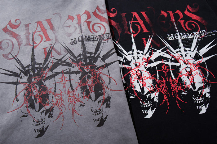 Split view comparing gray and black shirt fronts with red lettering, white spikes, and skull graphics