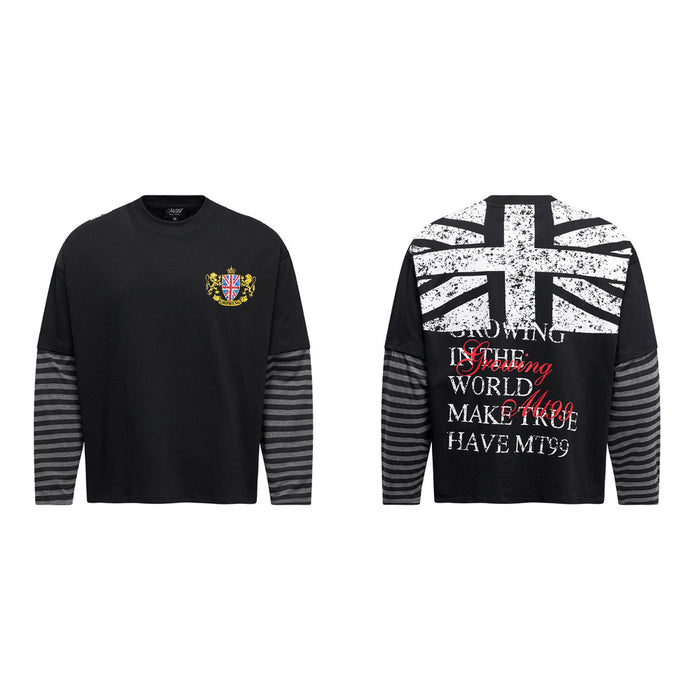 Black faux-layered long-sleeve graphic T-shirt shown front and back, with striped sleeves, chest crest, Union Jack and text