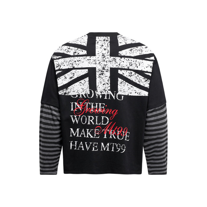 Back view of a black long-sleeve T-shirt with gray striped sleeves, distressed Union Jack graphic and layered lettering