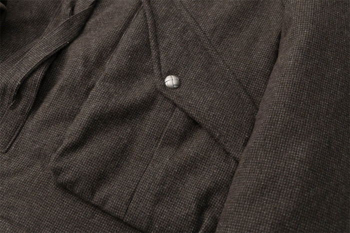 Men's Fur Collar Bomber Jacket – Houndstooth Wool-Blend with Cargo Pockets