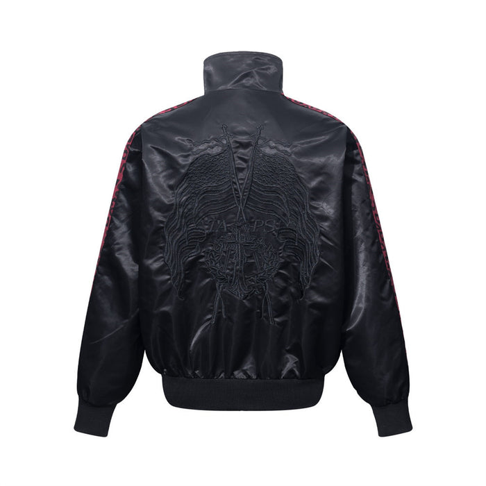 Men's Heavy Embroidery Stand Collar Satin Track Jacket with Tape Sleeves