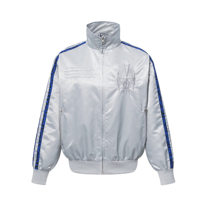 Men's Heavy Embroidery Stand Collar Satin Track Jacket with Tape Sleeves