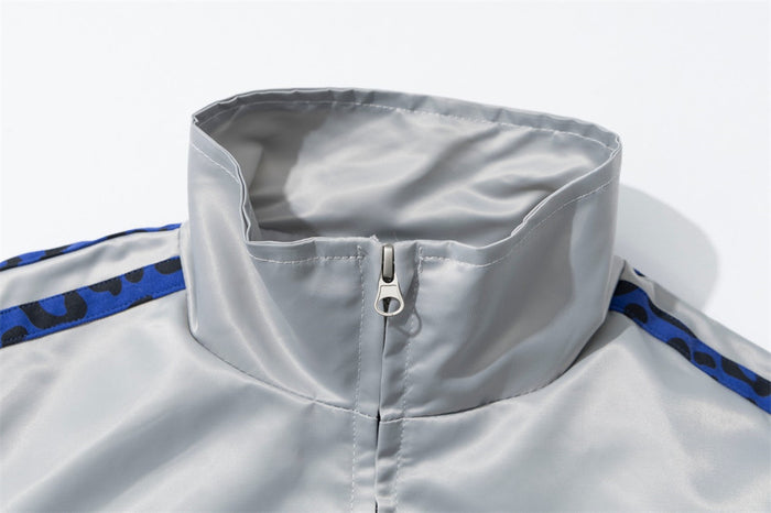 Men's Heavy Embroidery Stand Collar Satin Track Jacket with Tape Sleeves