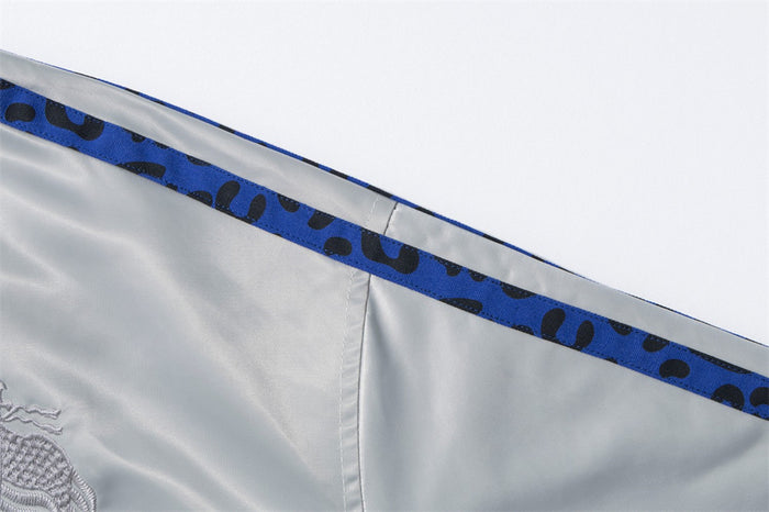 Men's Heavy Embroidery Stand Collar Satin Track Jacket with Tape Sleeves