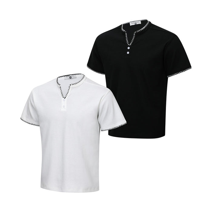 Men's short sleeve Henley V-neck T-shirt in black and white with contrast stitched trim and button placket