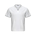 Men's white Henley V-neck short sleeve t-shirt with black contrast whipstitch trim on collar and sleeve hems