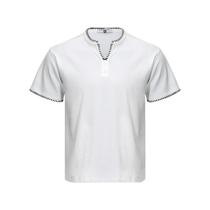 Men's white Henley V-neck short sleeve t-shirt with black contrast whipstitch trim on collar and sleeve hems