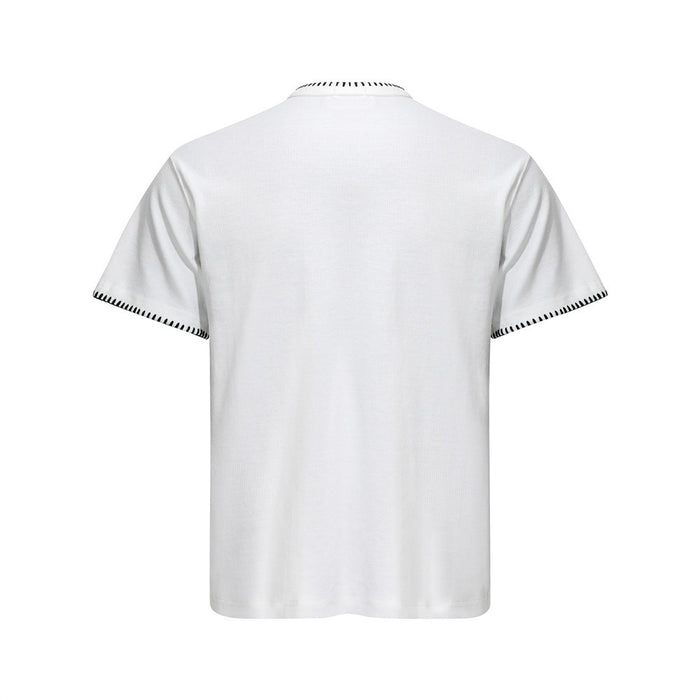 White men’s short sleeve Henley T-shirt with black contrast stitching on the collar and sleeve hems