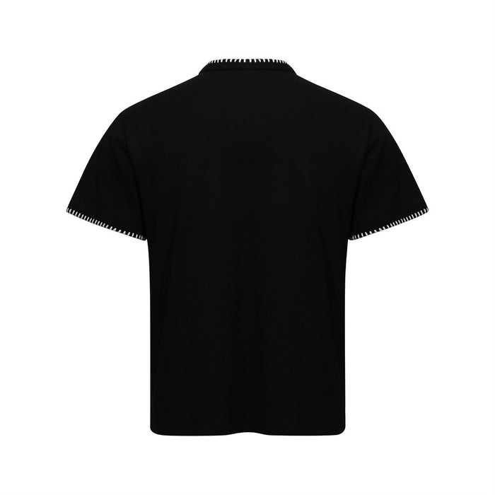 Black men’s short sleeve Henley T-shirt shown from the back with contrast stitch detail on the collar and sleeves
