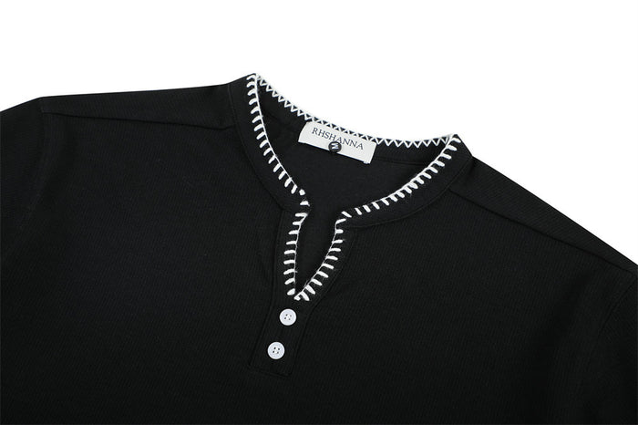 Black men’s Henley V-neck T-shirt with white contrast stitching and two-button placket