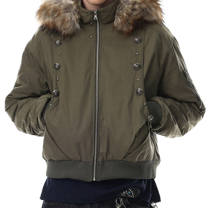 Men's oversized hooded bomber jacket in army green with detachable faux-fur trim hood and double-row military buttons