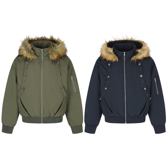 Two hooded bomber jackets in olive green and navy, each with tan fur-trimmed hood, front zipper and button details
