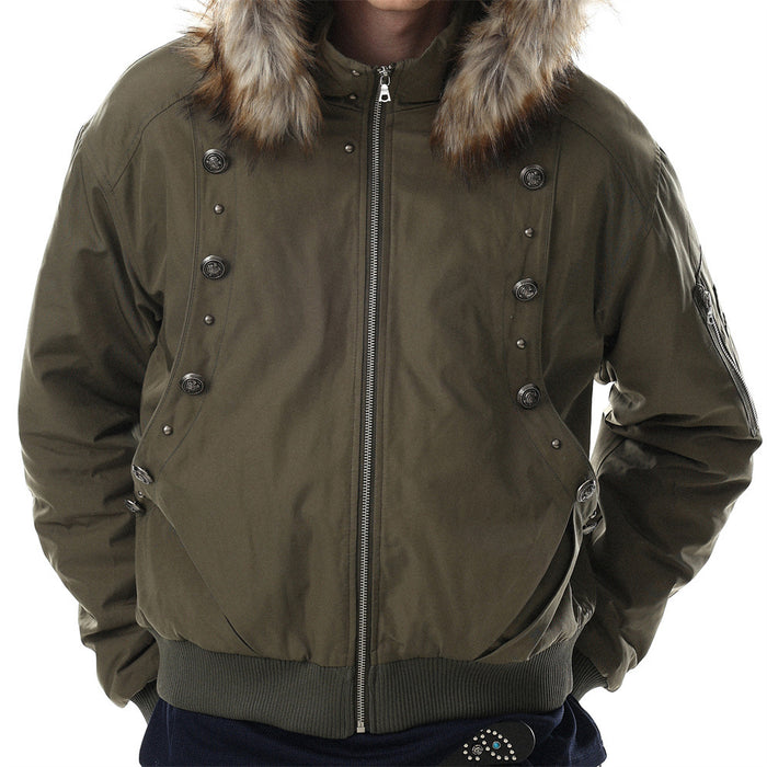 Olive green hooded bomber jacket worn on a model, showing tan fur trim, front zipper, military-style buttons and ribbed hem