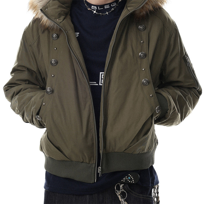 Olive green hooded bomber jacket worn open, revealing the inner shirt and showing its fur-trimmed hood and buttoned front