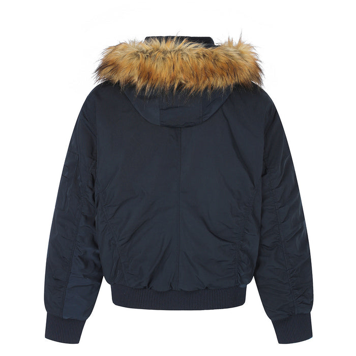 Back view of the navy hooded bomber jacket, showing the tan fur-trimmed hood, smooth shell and ribbed hem