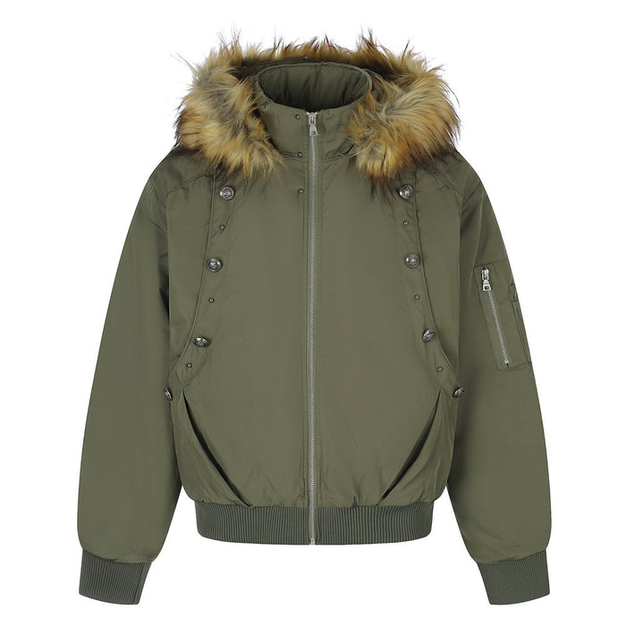 Front view of the olive green hooded bomber jacket with tan fur-trimmed hood, button details, sleeve pocket and zippered pockets