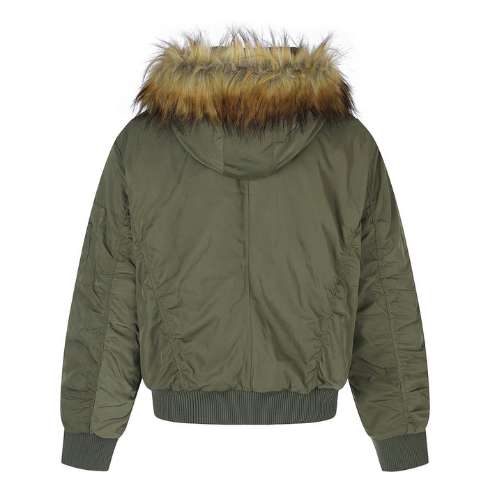 Back view of the olive green hooded bomber jacket with tan fur-trimmed hood, gathered sleeves and ribbed waistband