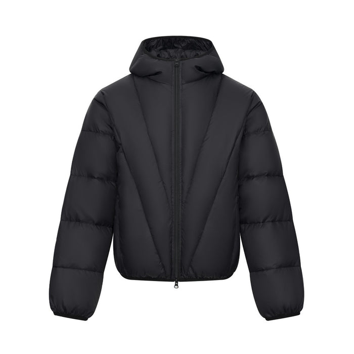 Men's oversized hooded puffer down jacket with V-shaped quilted panel in black, front view