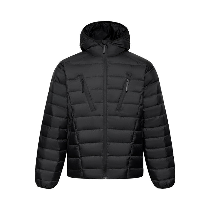 Men's hooded quilted puffer jacket in grey and black with zip chest pockets and channel baffles