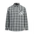 Black plaid long sleeve button-up shirt front view with embroidered chest pocket