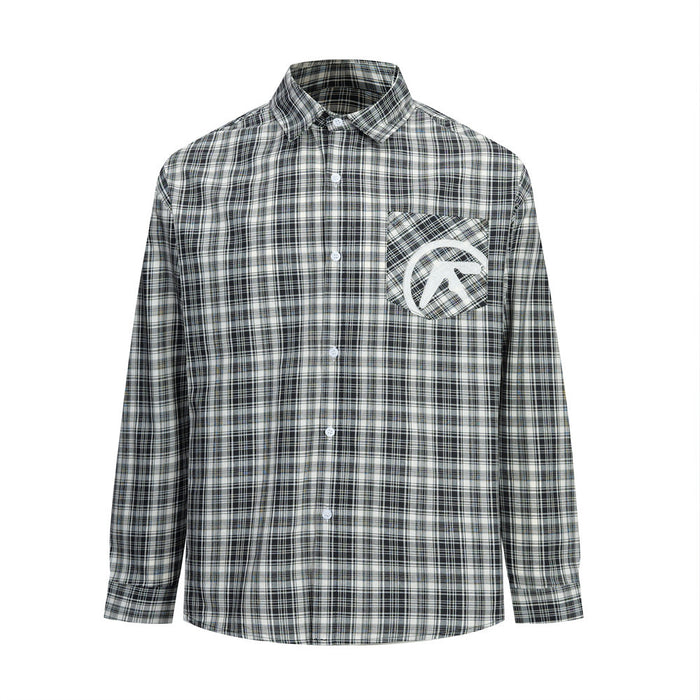Black plaid long sleeve button-up shirt front view with embroidered chest pocket