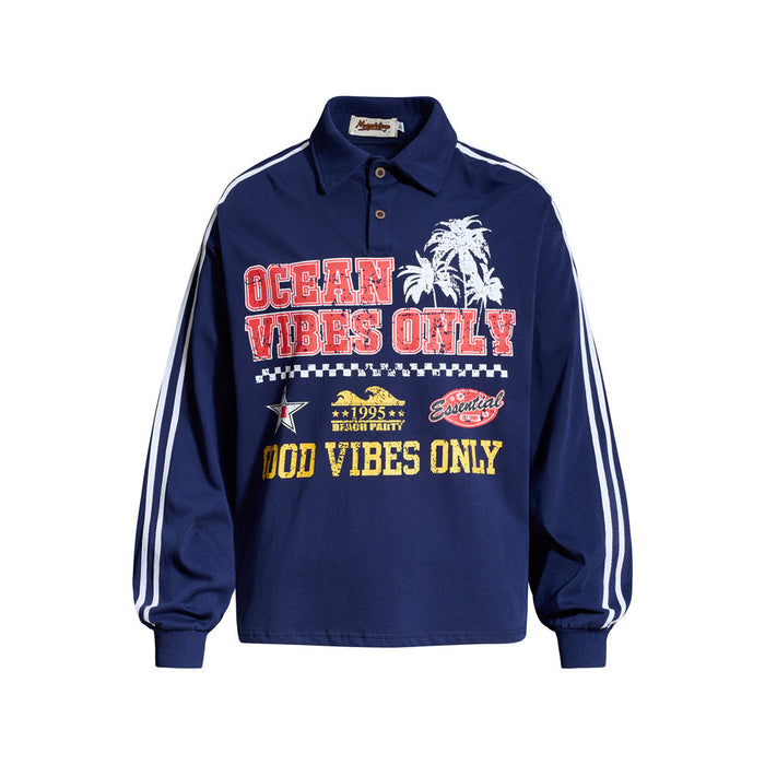 Men's navy blue long sleeve rugby polo shirt with Ocean Vibes Only graphic print and white contrast stripe sleeves