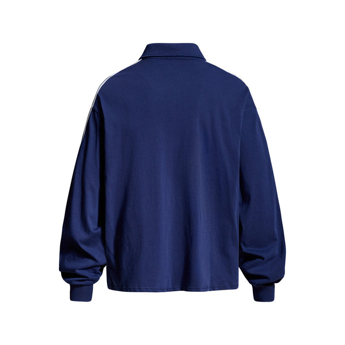 Back view of navy long sleeve rugby shirt with plain solid back and striped sleeves