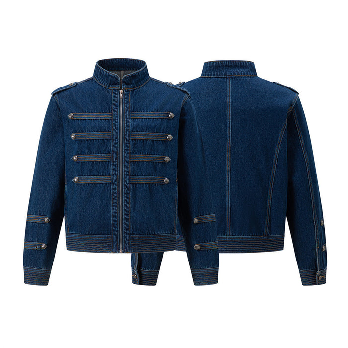 Dark blue denim jacket shown from the front and back, featuring a stand collar and decorative button trim
