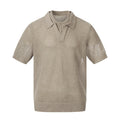 Beige open knit men’s polo shirt with short sleeves, breathable mesh texture, and ribbed hem