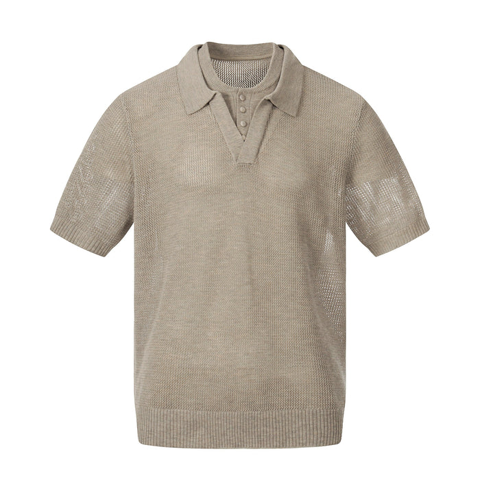 Beige open knit men’s polo shirt with short sleeves, breathable mesh texture, and ribbed hem