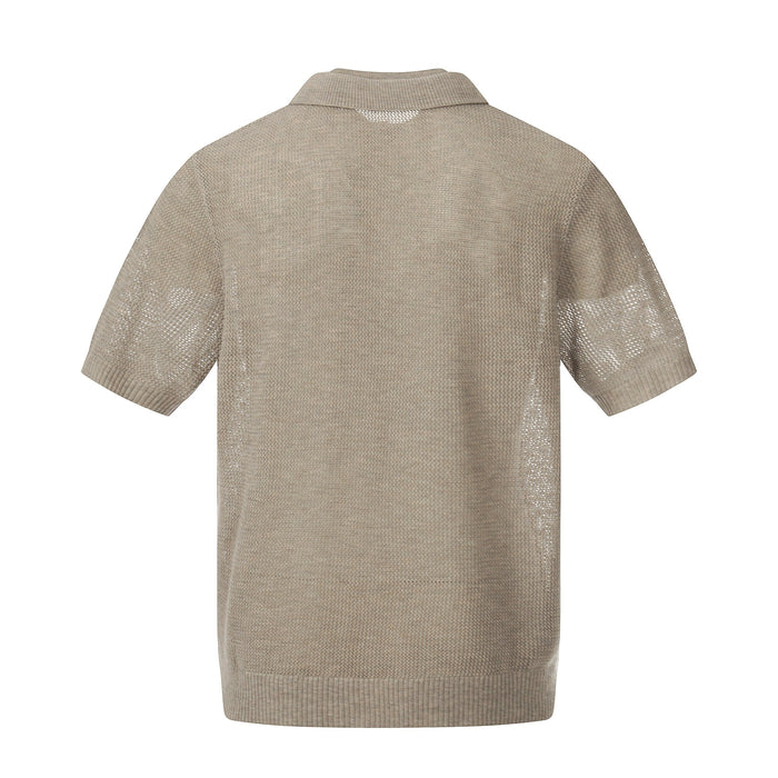 Beige open knit men's polo shirt with short sleeves and breathable textured cotton fabric, back view on white background