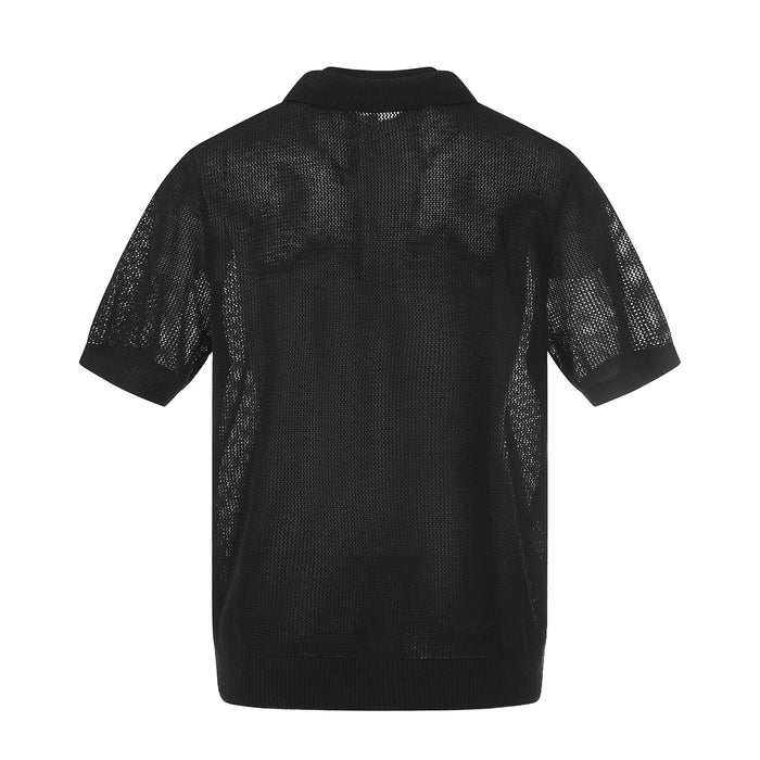 Black open knit short-sleeve polo shirt with breathable mesh texture and ribbed collar, shown on a white background