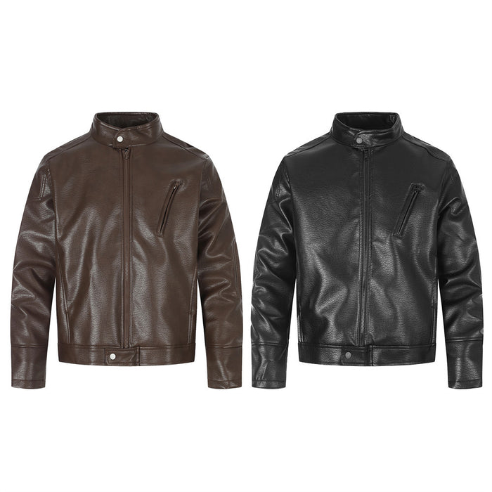 Brown and black PU leather moto jackets shown from the front with stand collars and zip pockets