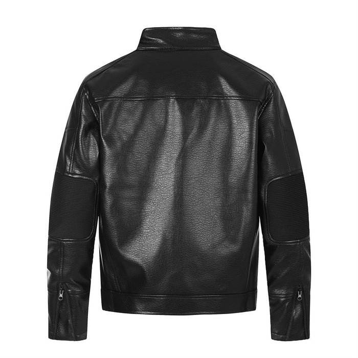 Black PU leather moto jacket shown from the back with panel seams, elbow sections, and sleeve zippers