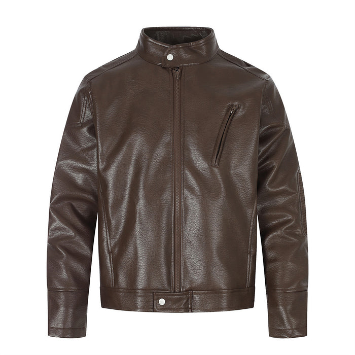 Brown PU leather moto jacket front view with stand collar, center zipper, and angled chest pocket