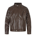 Brown PU leather moto jacket front view with stand collar, center zipper, and angled chest pocket