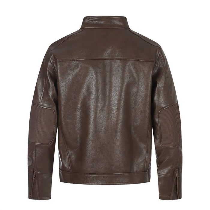 Brown PU leather moto jacket back view with shoulder panel, elbow sections, and zippered cuffs