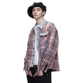 Men's oversized red and blue plaid shirt with denim-splice faux two-piece collar and button-down front