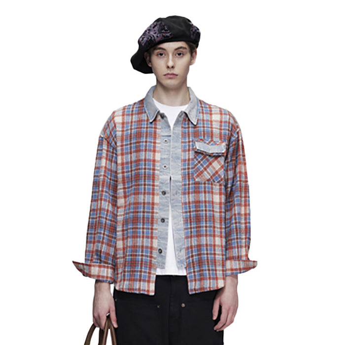 Men’s red and blue plaid button-down shirt with light denim splice, front view