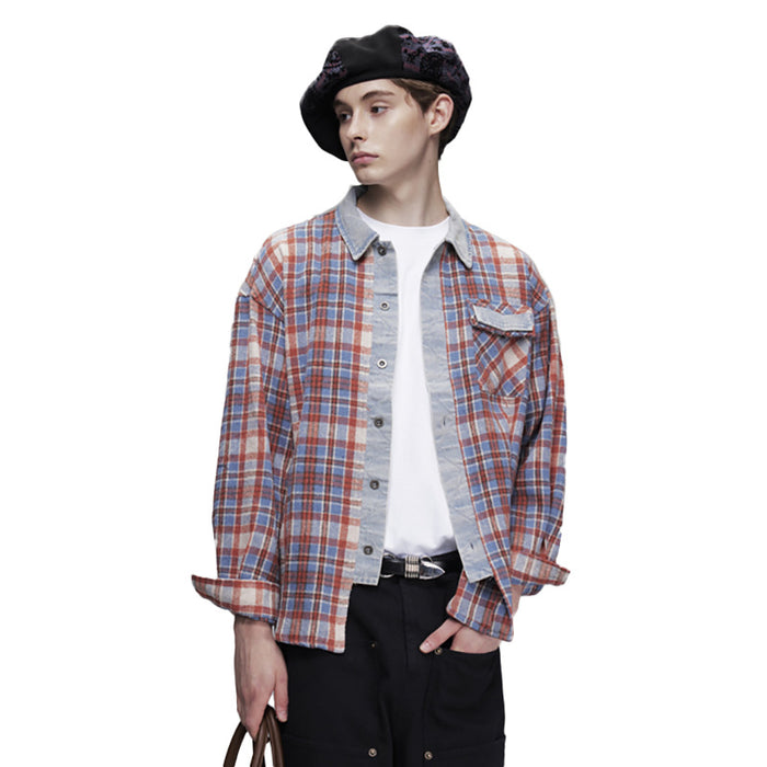 Front view of oversized red plaid shirt with light denim trim and chest pocket