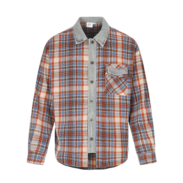 Flat lay front view of red, blue, and white plaid shirt with denim-placket front
