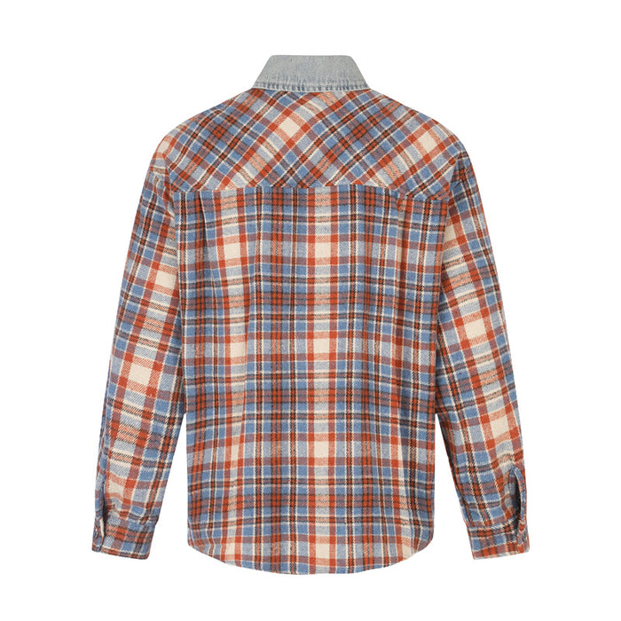 Flat lay back view of red and blue plaid shirt with light denim collar yoke