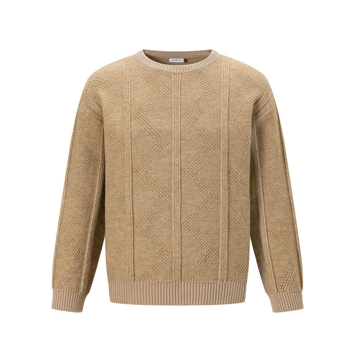 Men's relaxed-fit crewneck pullover sweater with diamond cable knit texture in heather camel
