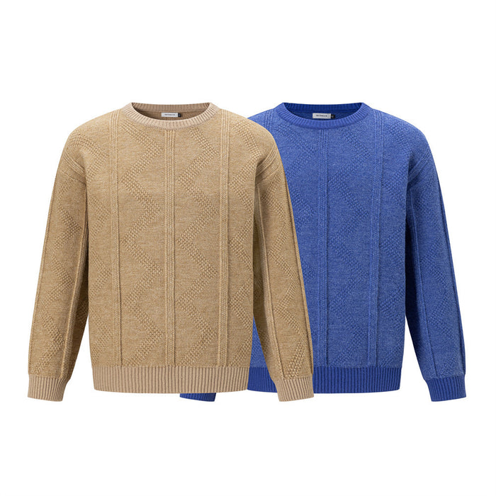 Front view of tan and blue crewneck sweaters with diamond cable knit texture and ribbed trims