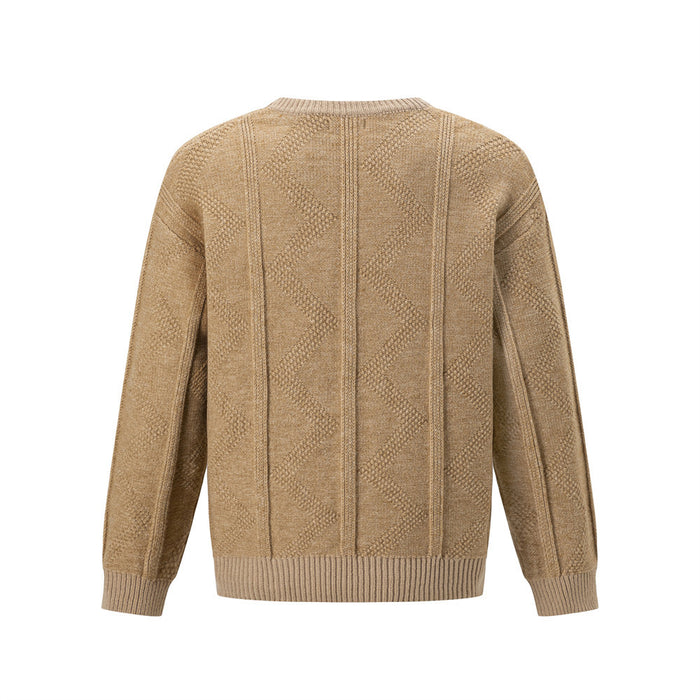 Back view of a tan crewneck pullover sweater with vertical panels, diamond knit texture, and ribbed hem